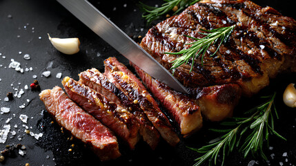Overhead closeup of juicy ribeye steak being sliced with sharp knife showing rich marbling glistening juices and herbs on dark stone surface
