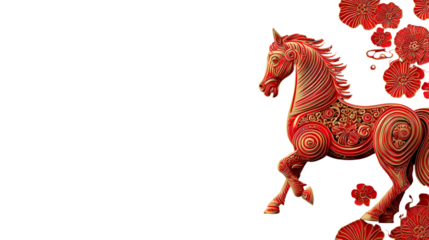 Vibrant red horse with floral patterns on black background