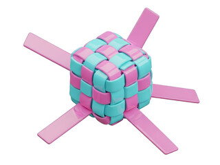 Pink and blue woven cube with pink sticks isolated on transparent background