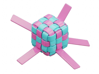 Pink and blue woven cube with pink sticks isolated on transparent background