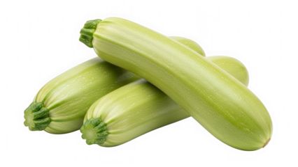 Fresh green zucchini trio with stems isolated on transparent background