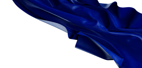 A stunning visual of a flowing royal blue fabric set against a clean white backdrop, creating a sense of movement and el