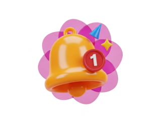 Notification bell with party horn and stars on pink background isolated on transparent background