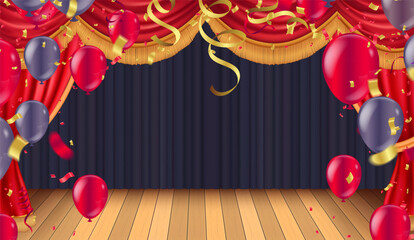 Festive stage background red blue balloons confetti streamers theater curtains Ideal for grand opening awards party banners