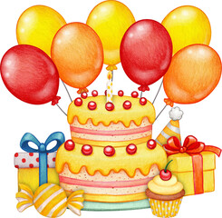 Watercolor hand drawn colorful birthday cake