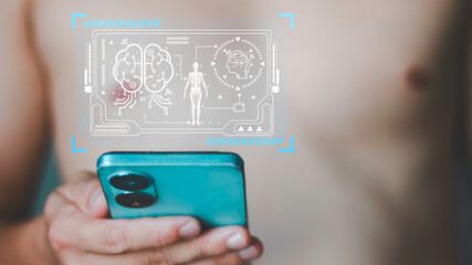 Medical interfaces, AI-driven brain analysis, human anatomy and neurological diagnosis, where hands interact with digital panels, advanced healthcare technologies and intelligent information systems.