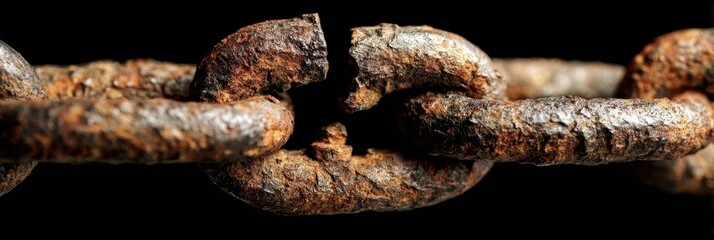 Close up of a heavy rusted metal chain about to break against a dark background, concept of weakness and strength