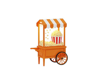 Popcorn cart with striped awning and red bucket on transparent background