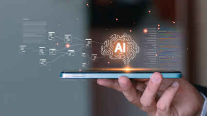 AI network and data connections on smartphone, intelligent systems, machine learning, automation workflows, digital analytics. Artificial intelligence concept, and smart technology integration.