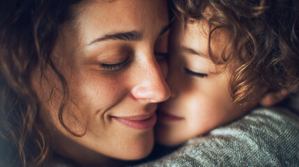 Obraz premium Tender moment of a loving mother and her child sharing a warm embrace with peaceful smiles and closed eyes in soft natural light