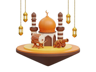 Mosque with camel and lanterns on a floating platform isolated on transparent background