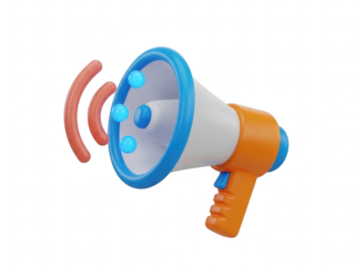 3d megaphone with blue accents and orange handle on transparent background