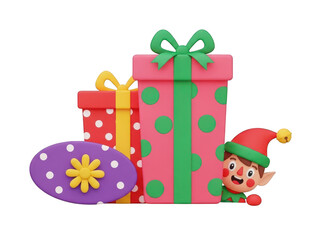 Elf peeking out from behind a stack of colorful gifts on transparent background with ribbons and bows