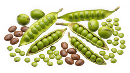 Fresh green peas and brown beans spilling from pods isolated on transparent background