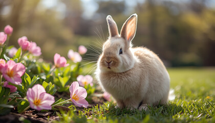 Fototapeta premium A cute white rabbit sitting in a field of pink flowers on a sunny day