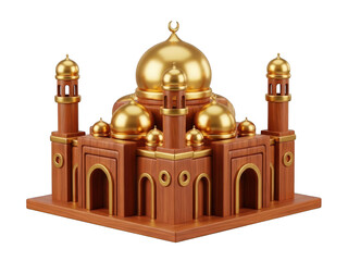 Brown and gold model of a mosque on a white surface isolated on transparent background