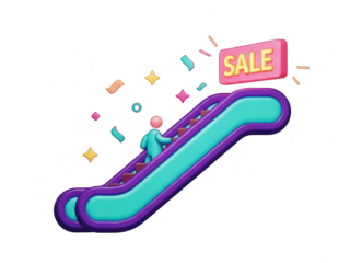 Colorful cartoon illustration of a sale sign with confetti on a transparent background