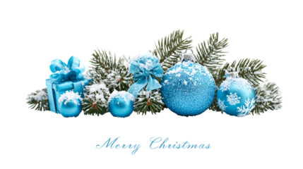 Snowy blue Christmas ornaments and gift on frosty pine branches