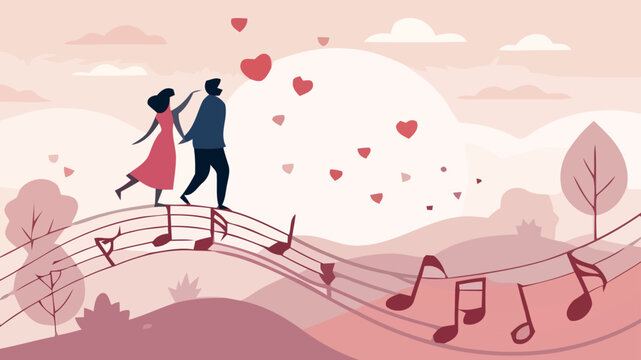 Romantic couple dancing on musical notes bridge with hearts