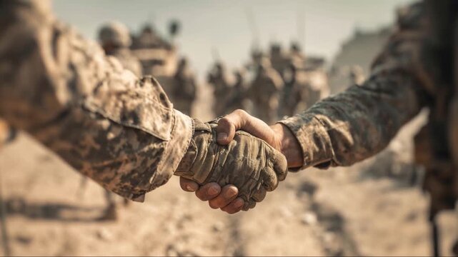 Military Handshake for Partnership and Peace in War Zone. Slow Motion.