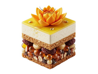 A square cake with white and yellow layers topped with a flower on isolated transparent background