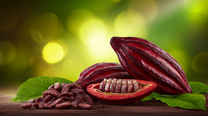 Cocoa pods on natural background. A ripe cacao pod with an orange-brown color, surrounded by numerous other cacao pods in shades of green, yellow, and brown. Green leaves blurred background
