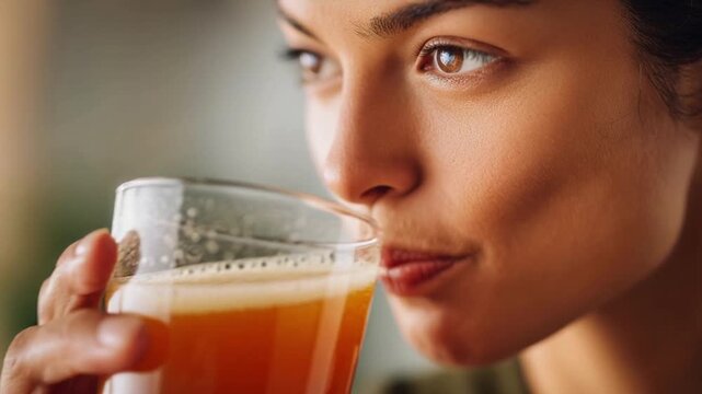 Young woman drinking acerola juice from a glass