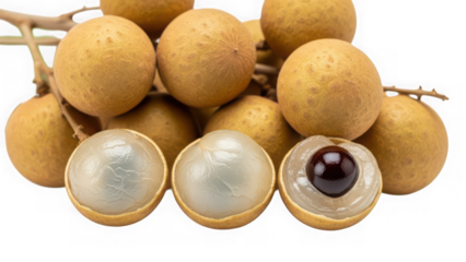 Fresh whole and halved lychee fruits with seeds isolated on transparent background