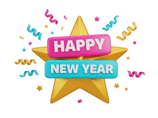 Happy new year celebration with star confetti and ribbons isolated on transparent background