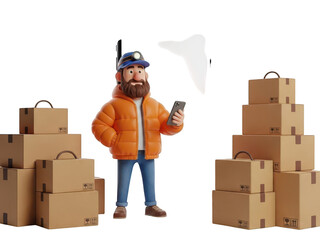 Cartoon man with beard and orange jacket surrounded by cardboard boxes isolated on transparent background