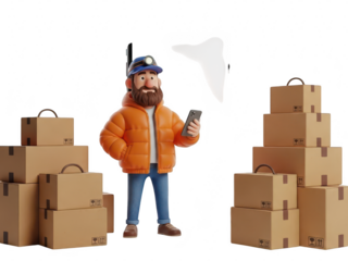Cartoon man with beard and orange jacket surrounded by cardboard boxes isolated on transparent background