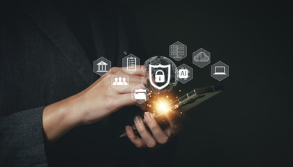 Businesswoman locking sensitive financial data for cyber security protection. cyber security concept User Privacy Security and Encryption Future technology and cybernetics lock screen key.