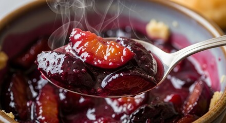 Warm, steaming plum dessert with a rich, glossy sauce served in a rustic bowl