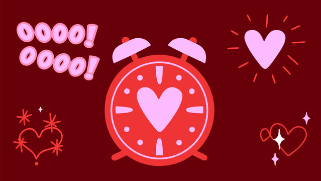 Vibrant alarm clock with heart and love symbols on maroon background