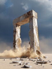 Fototapeta premium Broken stone structures stand alone in an empty landscape, hinting at a lost civilization beneath a dark clouded sky.