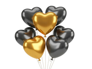 Bunch of shiny black and gold heart shaped balloons on transparent background