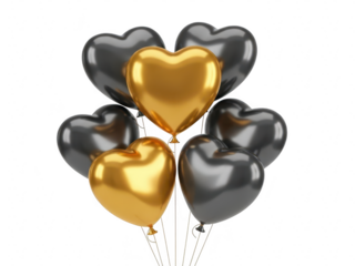 Bunch of shiny black and gold heart shaped balloons on transparent background
