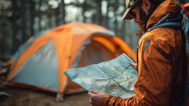A hiker examines a detailed map beside an orange tent in a wooded campsite, ready for exploration. The tranquil forest setting highlights the spirit of travel, navigation, and outdoor adventure