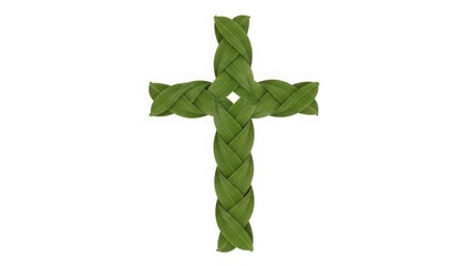 Braided green leaves forming a cross shape on a white background plant
