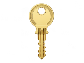 Single golden key on white background isolated on transparent background