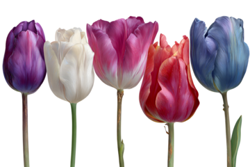 Vibrant tulips in purple, white, pink, and blue on black