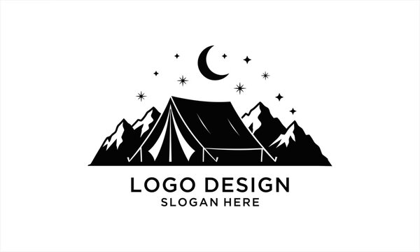 Camping tent in mountains under moon and stars, adventure outdoor logo design.
