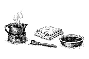 Spa treatment essentials with vintage dotwork style for relaxation and wellness