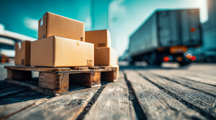 Shipping cardboard boxes on wooden pallet outdoors near loading dock with blurred delivery truck in background on a sunny day
