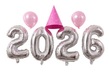 Silver balloons spelling 2026 with pink party hat and balloons