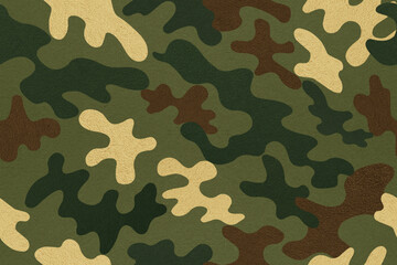 Seamless camouflage fabric texture in natural earthy green, olive and brown tones with organic blended shapes. Modern textile background ideal for uniform design, military apparel and outdoor gear. 