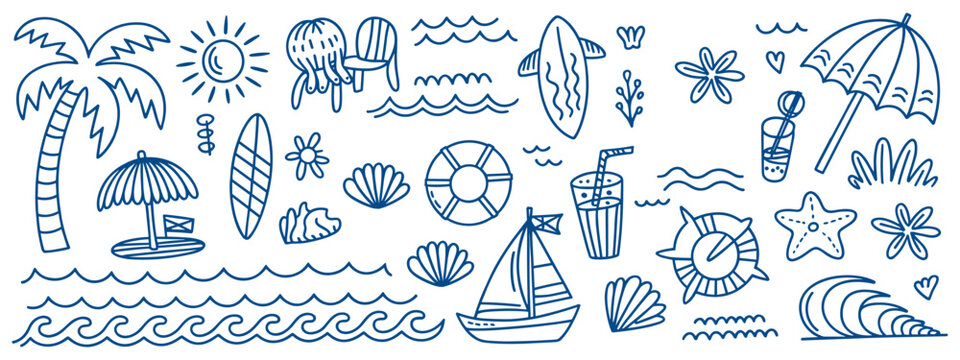 Hand drawn doodle summer beach, sea and surf vector illustration set. Tropical coastal elements palm trees, waves, surfboards, and sun with ornament for t-shirts, posters, and placards prints.