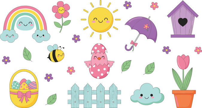 Cute spring doodle illustration set with rainbow sun flowers umbrella eggs and smiling clouds vector