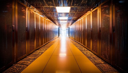 row of servers in a dark data center illuminate the central walkway with reflection
