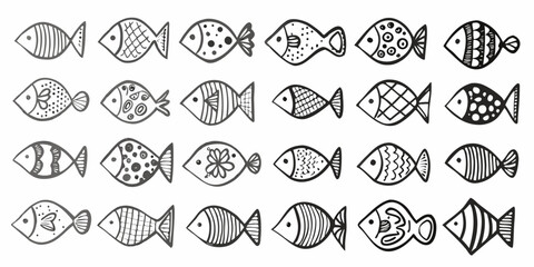 A collection of intricately patterned fish illustrations in a simple black and white style © Prosanta